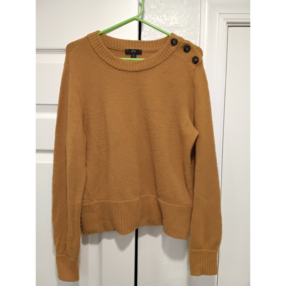 J Crew Women Mustard Yellow Crew Neck Button‎ Shoulder Sweater Size M